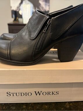 Studio Works Black Leather Heeled Ankle Boots.  Never worn.